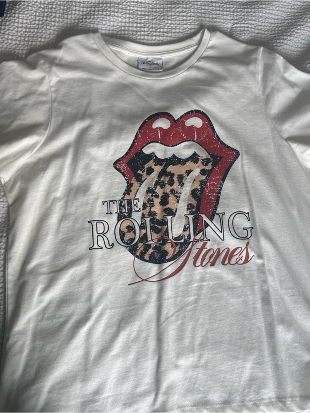 The Rolling Stones White Long Sleeve Tee with Red & Leopard Graphic